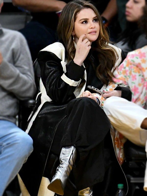 Selena Gomez Colorblock 2024 Black & White Leather Coat