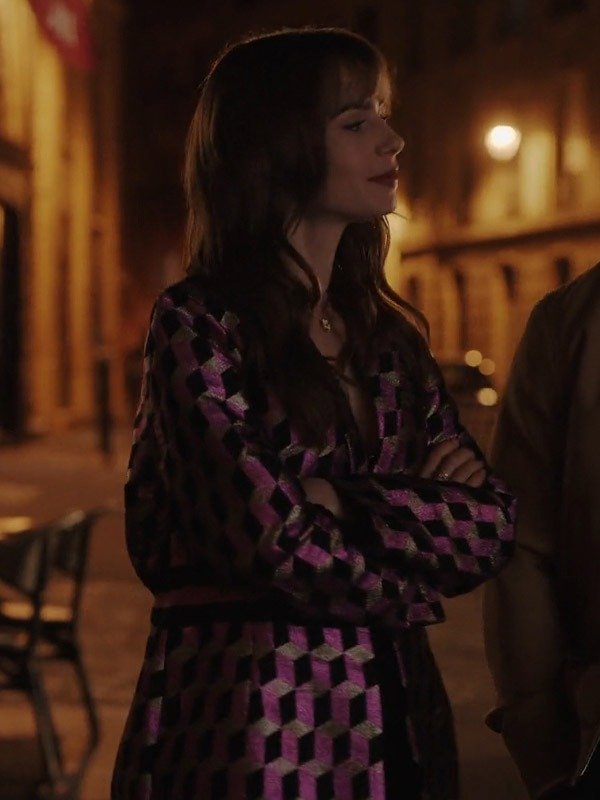 Emily In Paris Season 3 Lily Collins Printed pink Coat