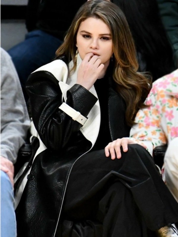 Selena Gomez Colorblock 2024 Black & White Leather Coat