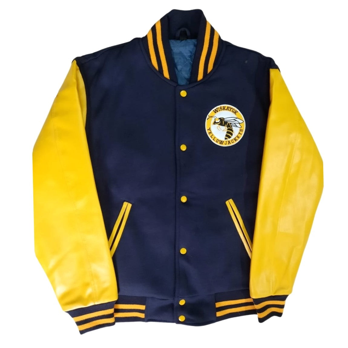 Navy Blue Varsity Jacket Navy Blue Leather Sleeves Yellow Stripes 2XL