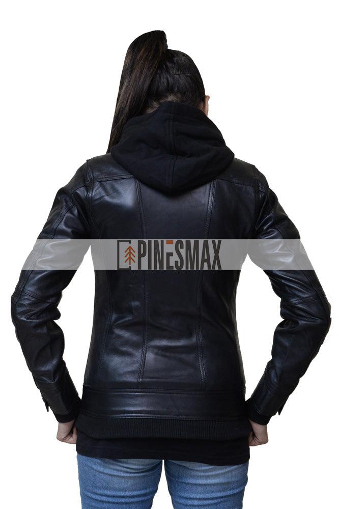 Alison Women Bomber Detachable Hooded Leather Jacket - PINESMAX
