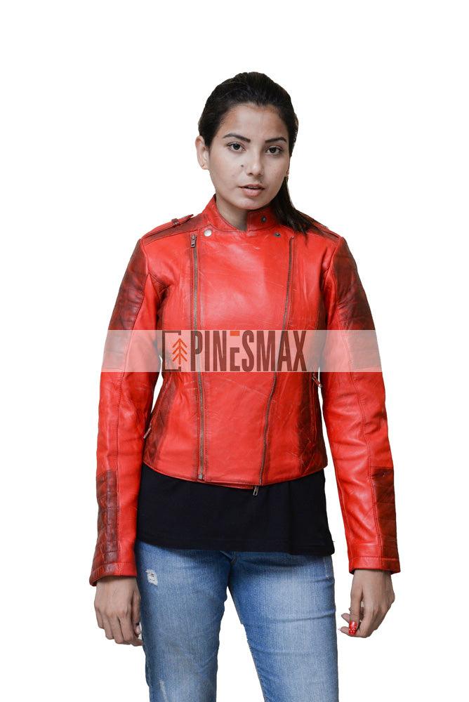 Elisa Red Asymmetrical Padded Leather Jacket - PINESMAX
