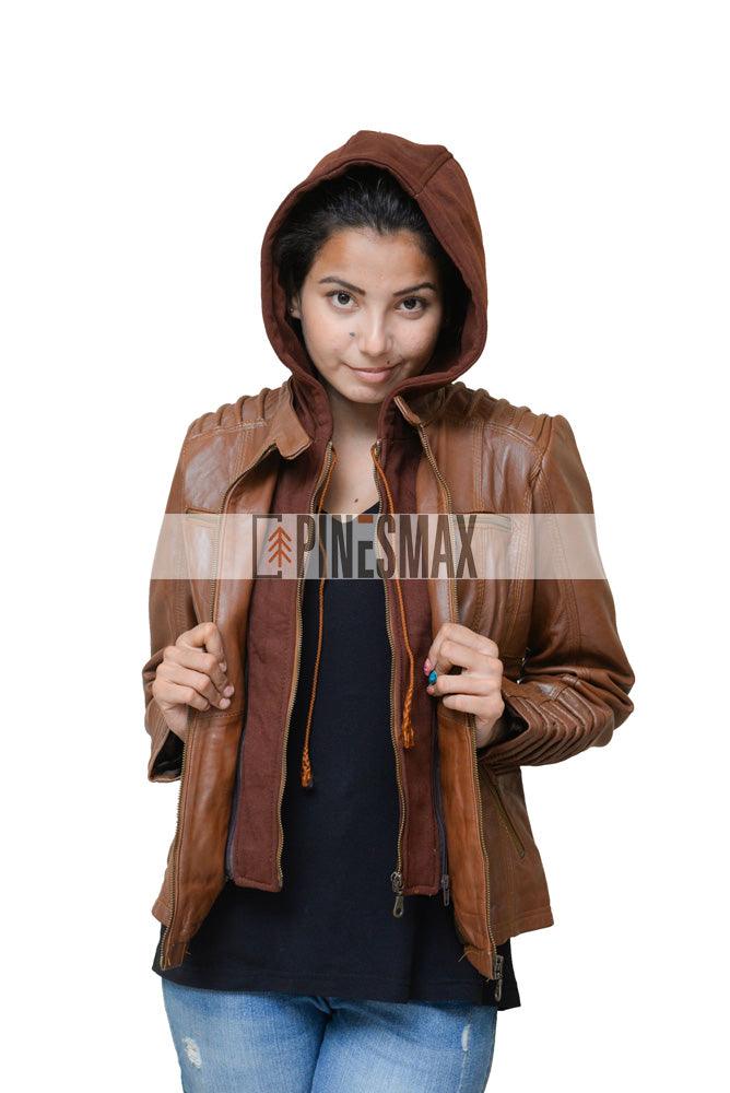 Zendaya Brown Hooded Motorcycle Leather Jacket For Womens - PINESMAX