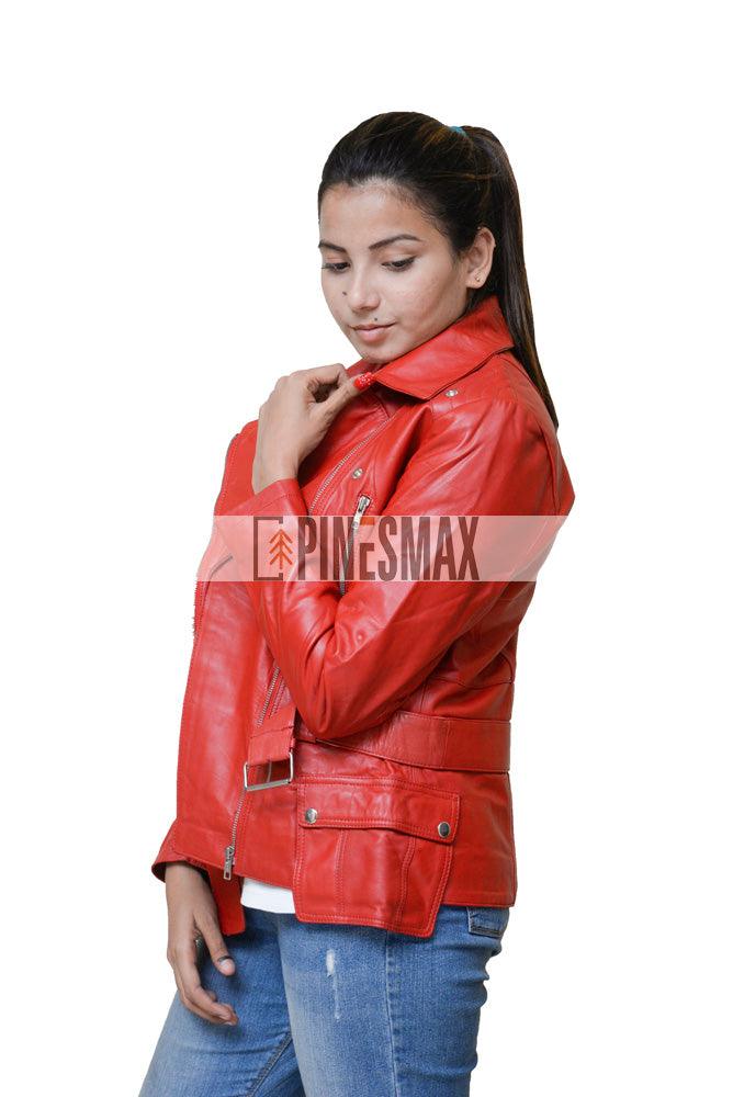 Emma Womens Red Belted Asymmetrical Biker Leather Jacket - PINESMAX