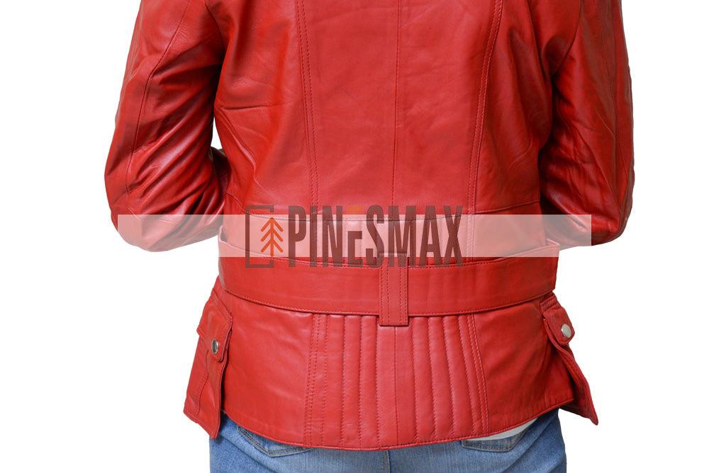 Emma Womens Red Belted Asymmetrical Biker Leather Jacket - PINESMAX