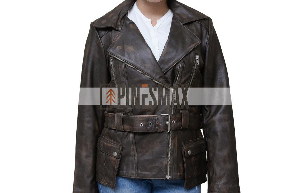 Alexa Womens Distressed Brown Leather Jacket - PINESMAX