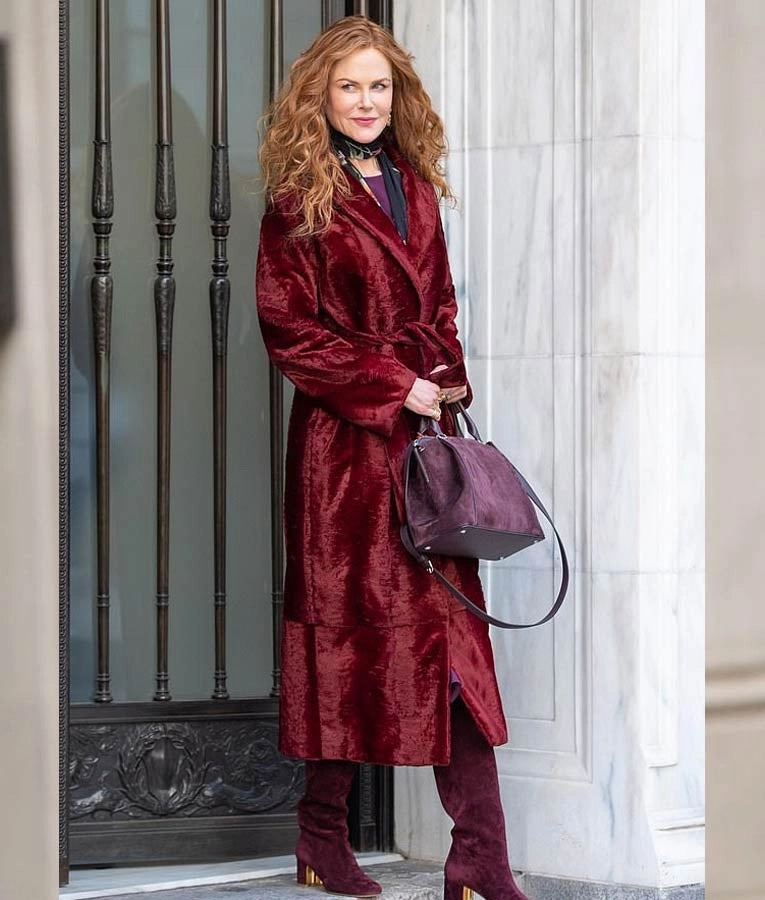 The Undoing Nicole Kidman Maroon Velvet Coat - PINESMAX
