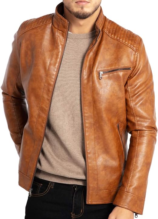 Men's Lightweight Brown Leather Jacket - PINESMAX