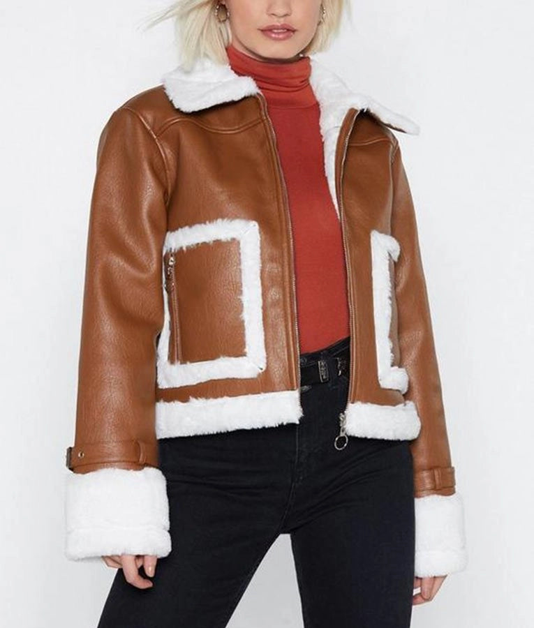 Womens Brown Cropped Aviator Leather Jacket