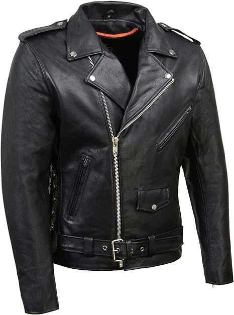 Men's Motorcycle Police Style Black Leather Jacket - PINESMAX