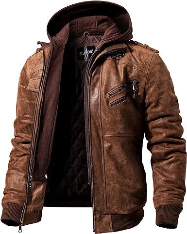 Men Brown Leather Bomber Jacket with Removable Hood - PINESMAX
