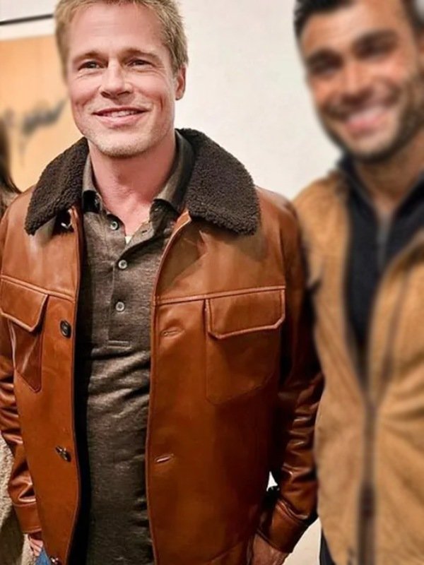 Brad Pitt LA Shearling Art Exhibit Brown Leather Jacket