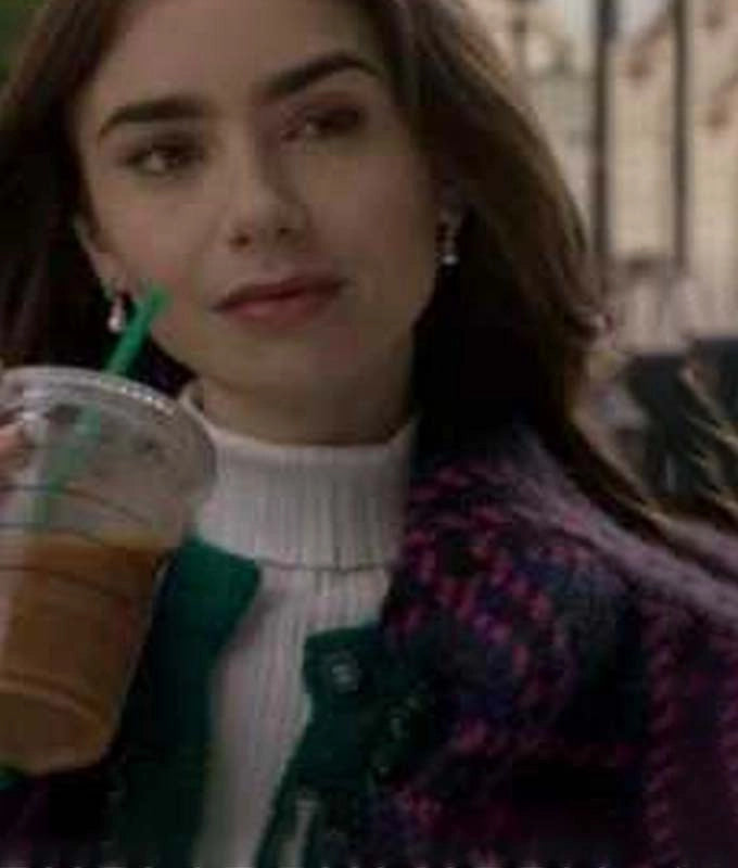 Lily Collins Emily in Paris Purple and Black Checkered Sweater