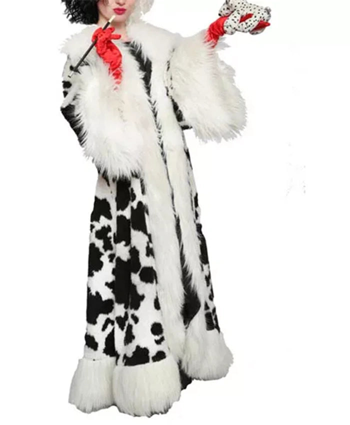 Cruella 2021 Emma Stone Black Dot White Shearling Coat - PINESMAX