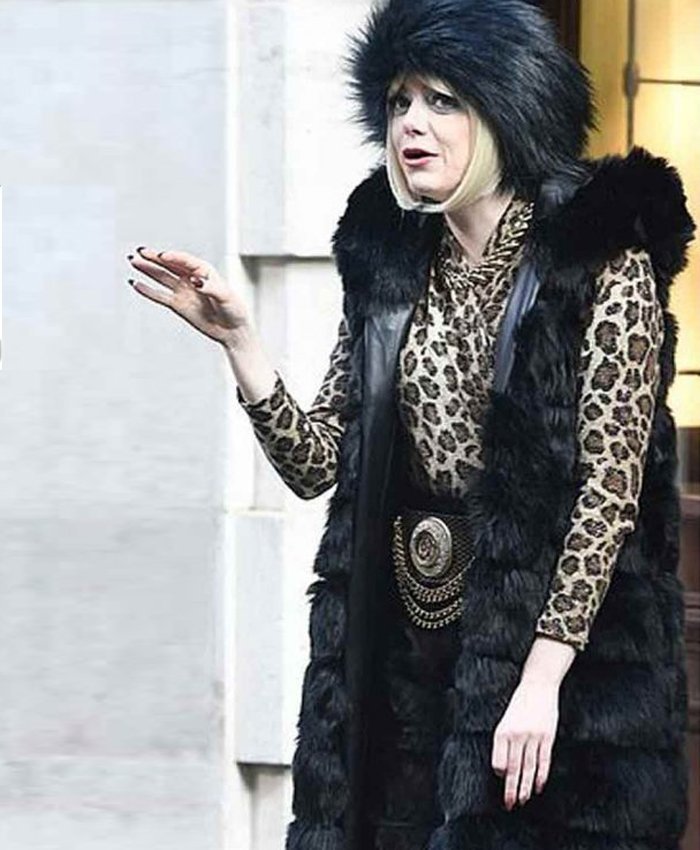 Cruella 2021 Emma Stone Black Fur Coat - PINESMAX
