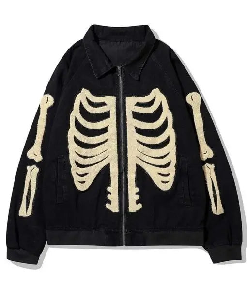 Furry Bone Patchwork Skeleton Denim Jacket - PINESMAX