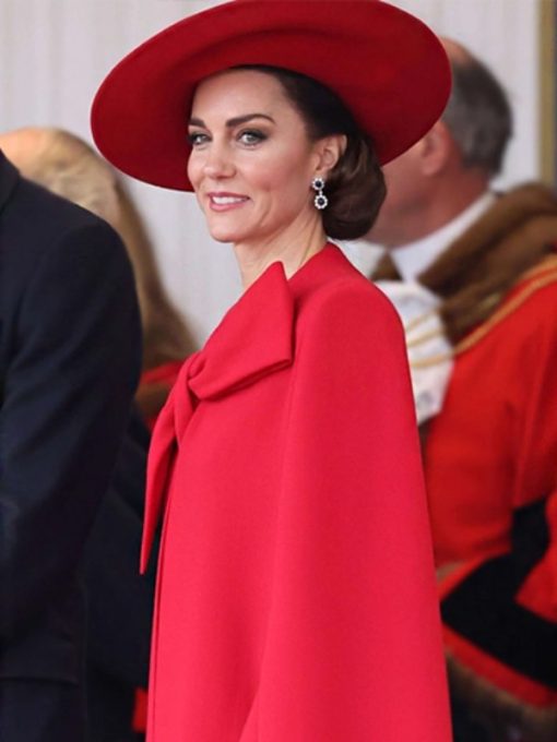 Kate Middleton 2023 Red Bow Cape Coat - PINESMAX