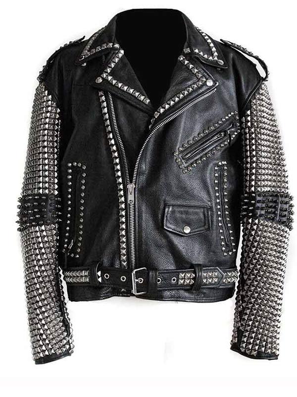 Punk Studded Black Leather Jacket - PINESMAX