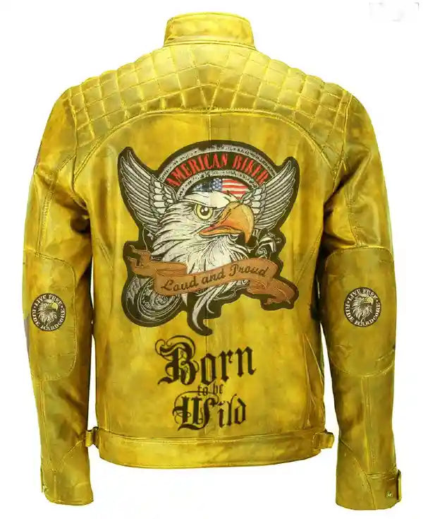 American Biker Born To The Wild Yellow Leather Jacket - PINESMAX