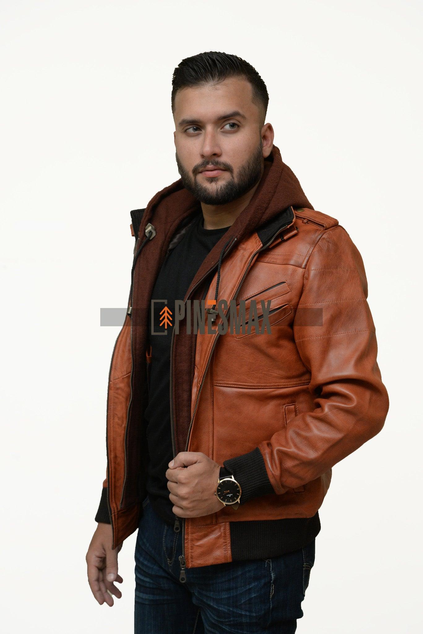 Edinburgh Light Brown Removable Hooded Leather Jacket - PINESMAX