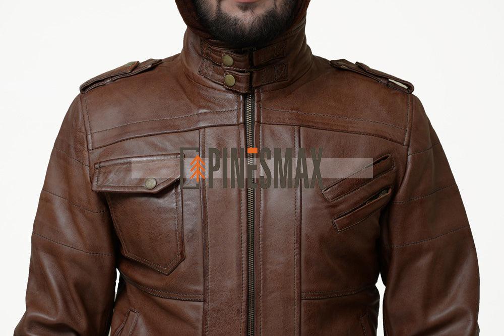 Edinburgh Brown Hooded Leather Jacket - PINESMAX