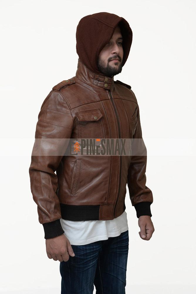 Edinburgh Brown Hooded Leather Jacket - PINESMAX