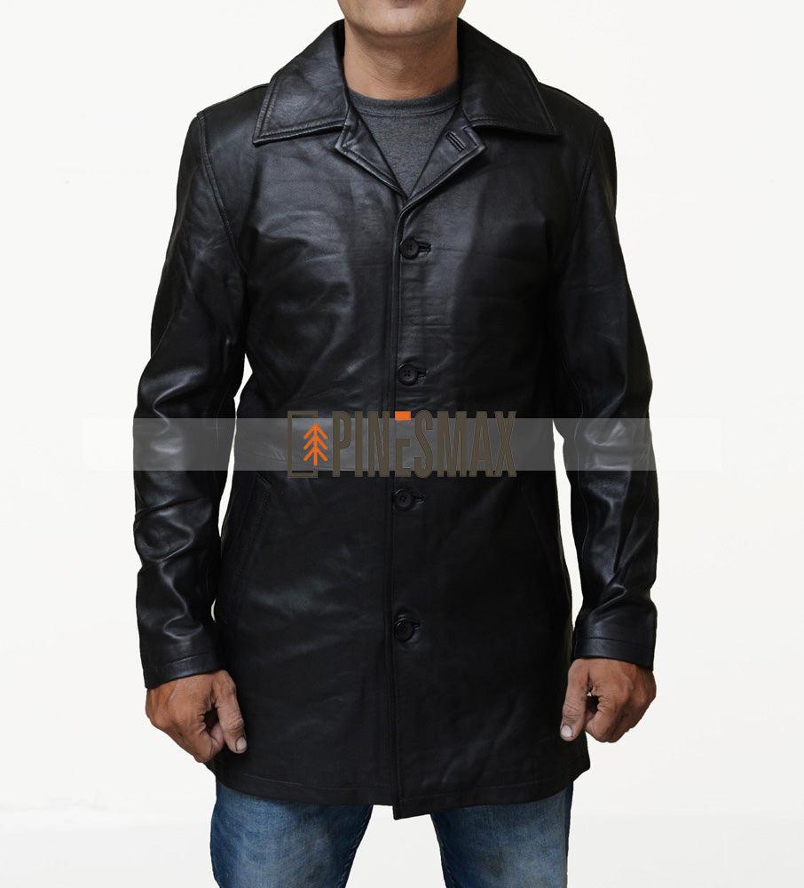 Men Black Leather Coat, Warm Black Leather Coat for Men - PINESMAX