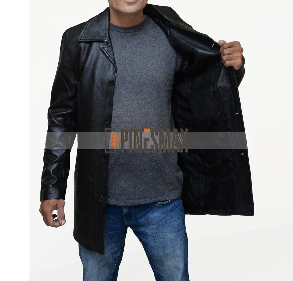 Men Black Leather Coat, Warm Black Leather Coat for Men - PINESMAX