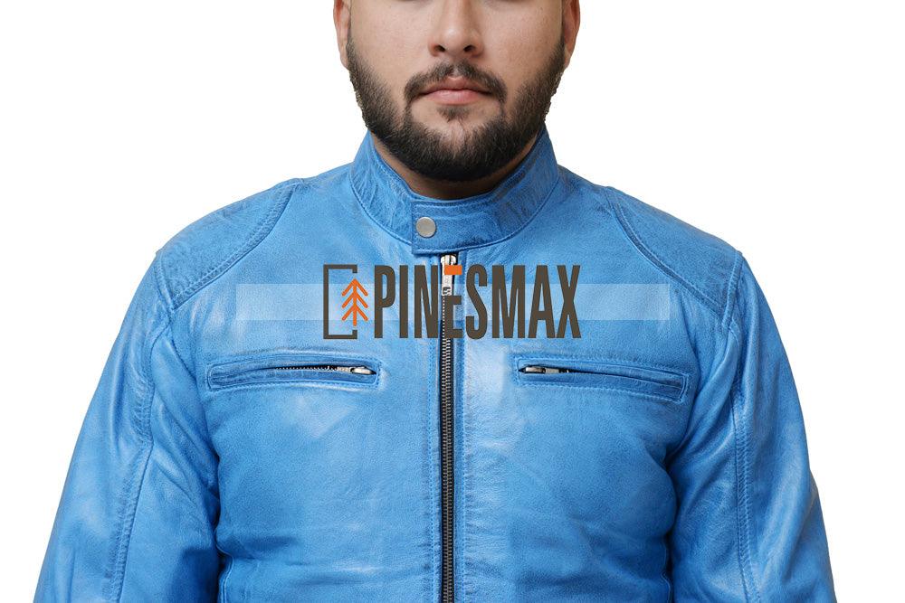 Dodge Stylish Mens Blue Biker Leather Jacket - PINESMAX