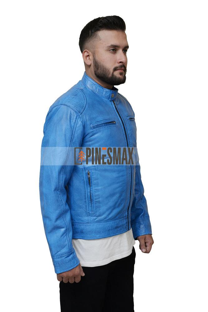 Dodge Stylish Mens Blue Biker Leather Jacket - PINESMAX