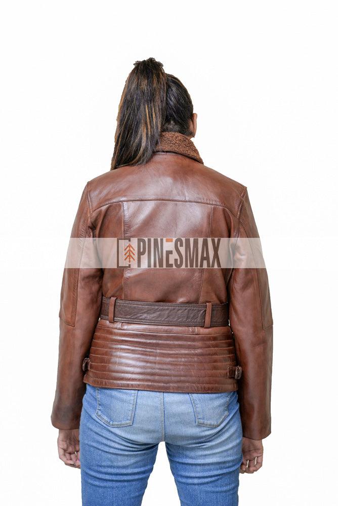Victoria Women Brown Biker Leather Jacket - PINESMAX