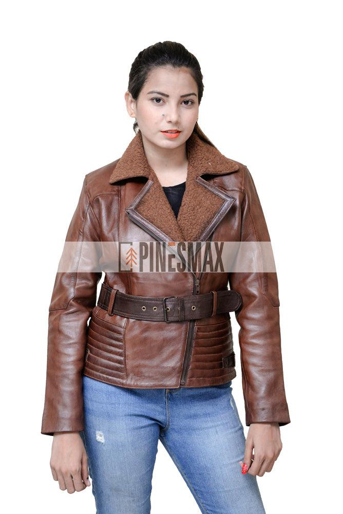 Victoria Women Brown Biker Leather Jacket - PINESMAX
