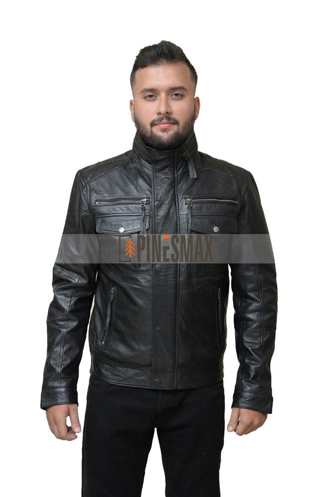 Eric Black Leather Jacket For Men with Removable Collar, Bomber Jacket - PINESMAX