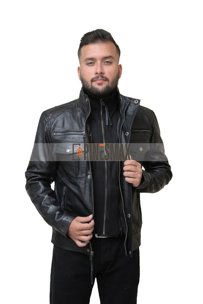 Eric Black Leather Jacket For Men with Removable Collar, Bomber Jacket - PINESMAX