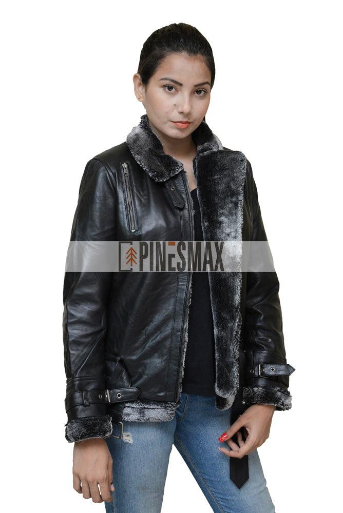 Eliana Women Shearling Black Leather Jacket - PINESMAX