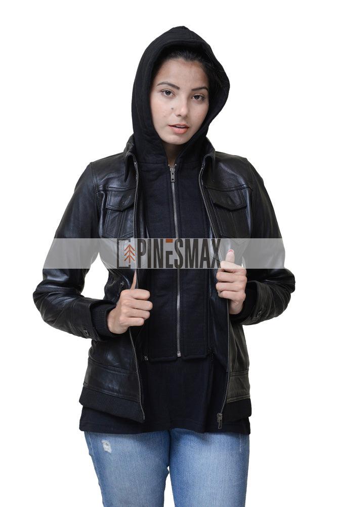Alison Women Bomber Detachable Hooded Leather Jacket - PINESMAX
