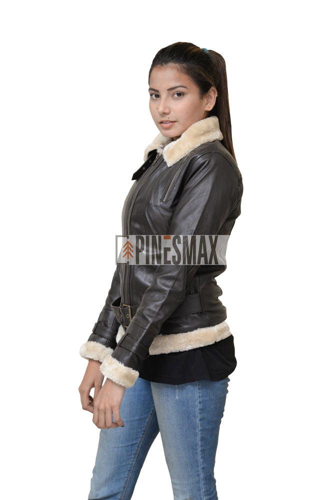 Elia Women Shearling Brown Leather Jacket - PINESMAX
