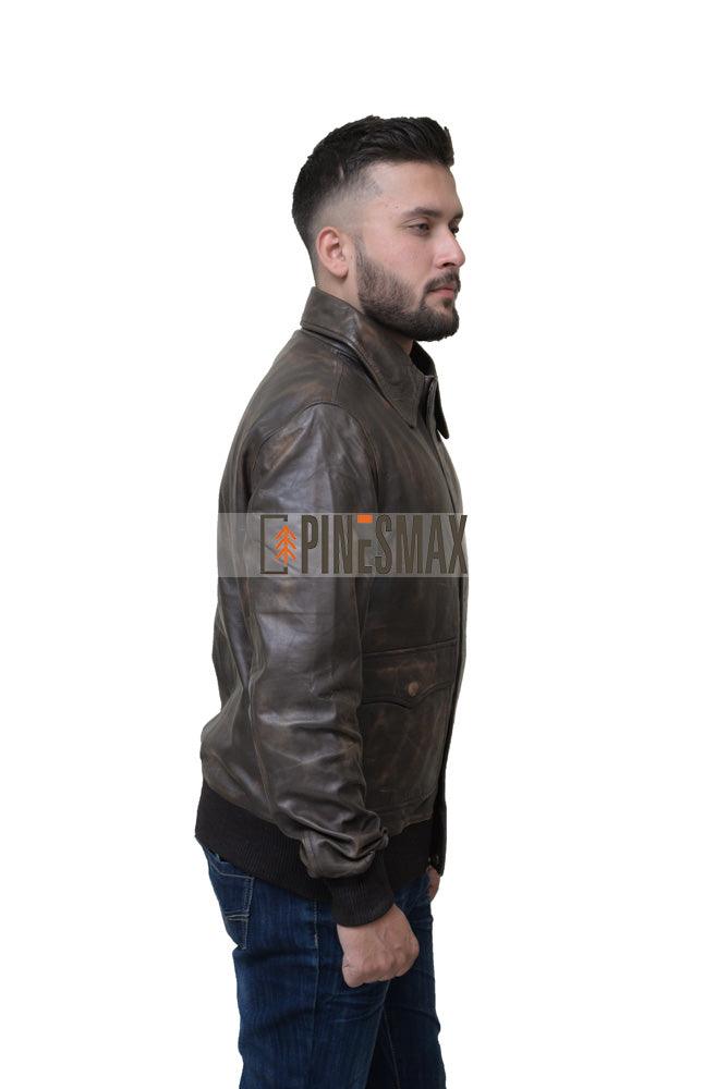 Ernest Men's Brown Bomber Distress Leather Jacket - PINESMAX