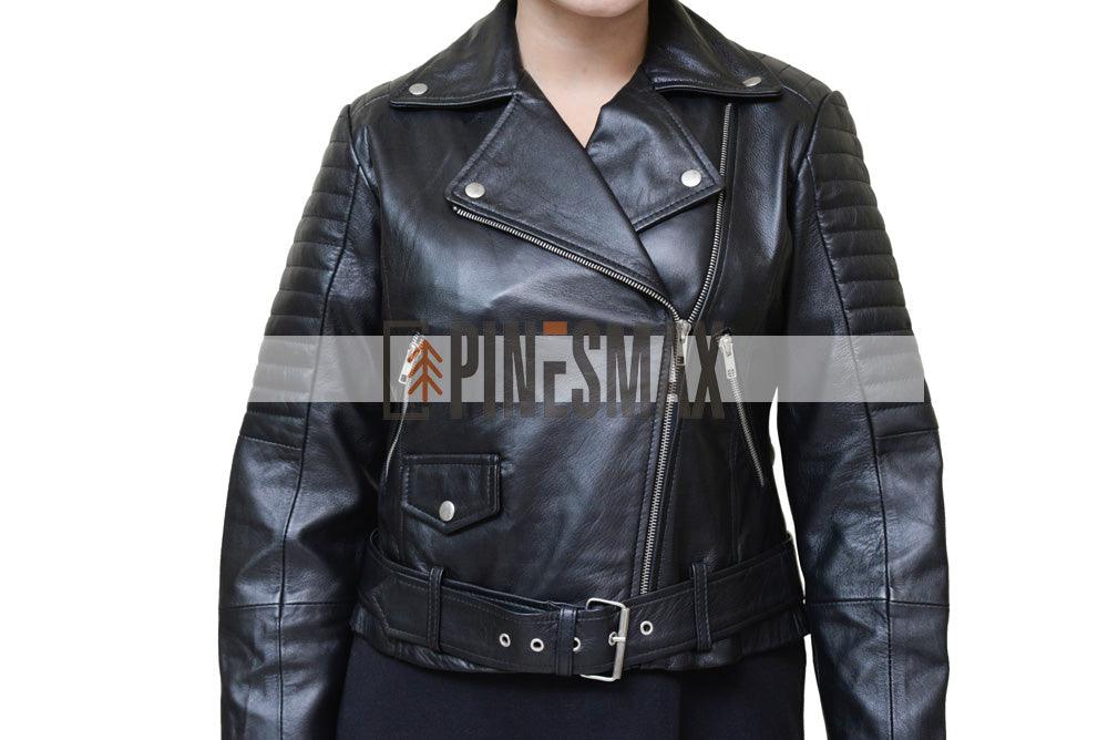 Lara Women Motorcycle Asymmetrical Belted Black Leather Jacket - PINESMAX