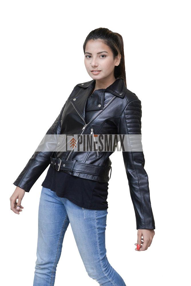 Lara Women Motorcycle Asymmetrical Belted Black Leather Jacket - PINESMAX