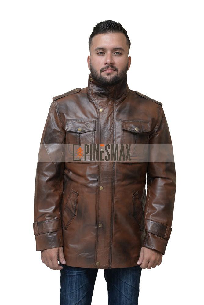 Keith Brown Distressed Leather Coat for Men, Winter Distress Brown Long Coat - PINESMAX
