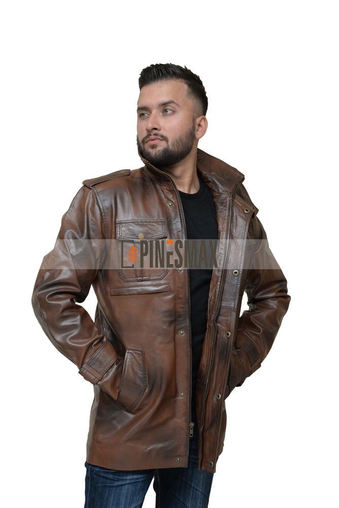 Keith Brown Distressed Leather Coat for Men, Winter Distress Brown Long Coat - PINESMAX