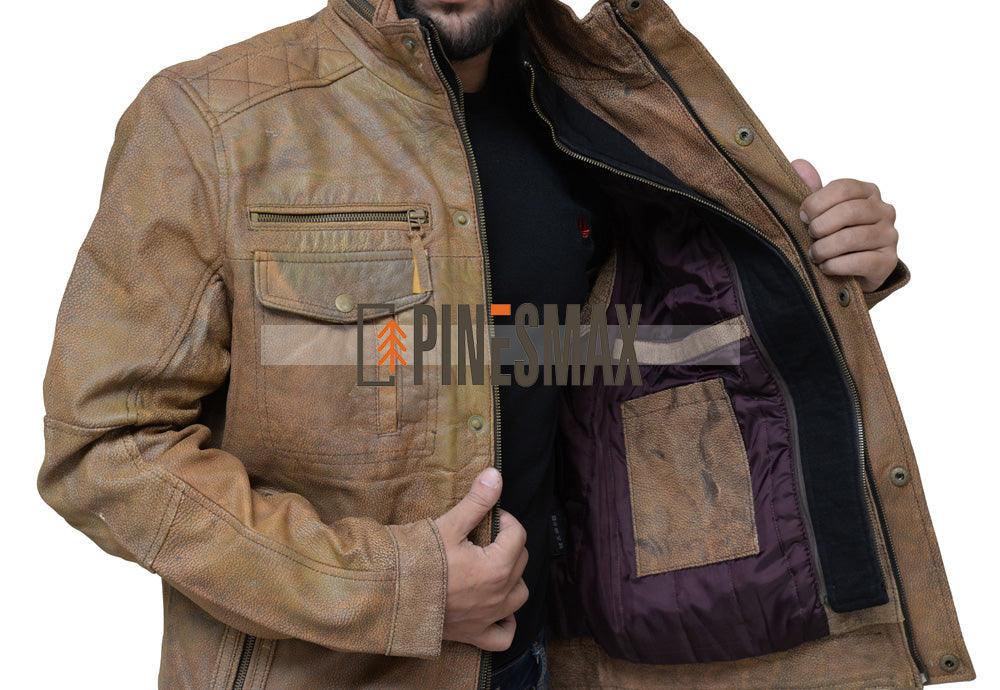 Moffit Mens Light Brown Distressed Motorcycle Leather Jacket - PINESMAX