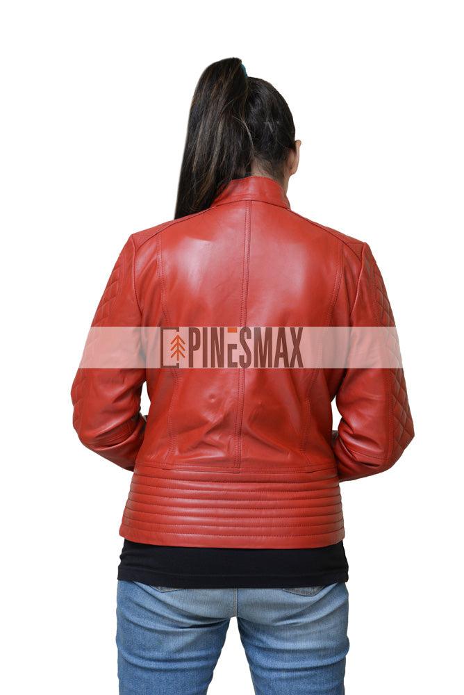 Andria Women Red Leather Quilted Motorcycle Jacket - PINESMAX