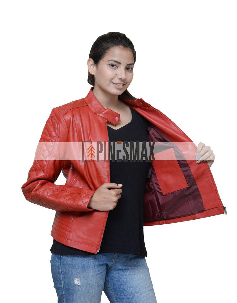 Andria Women Red Leather Quilted Motorcycle Jacket - PINESMAX