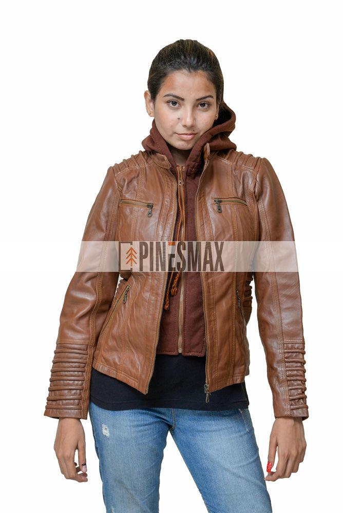 Zendaya Brown Hooded Motorcycle Leather Jacket For Womens - PINESMAX