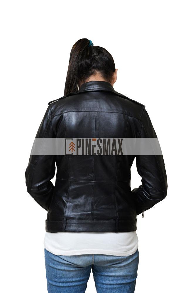 Lora Womens Black Belted Stylish Leather Jacket - PINESMAX
