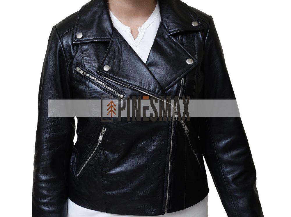 Liana Womens Motorcycle Asymmetrical Black Leather Jacket - PINESMAX