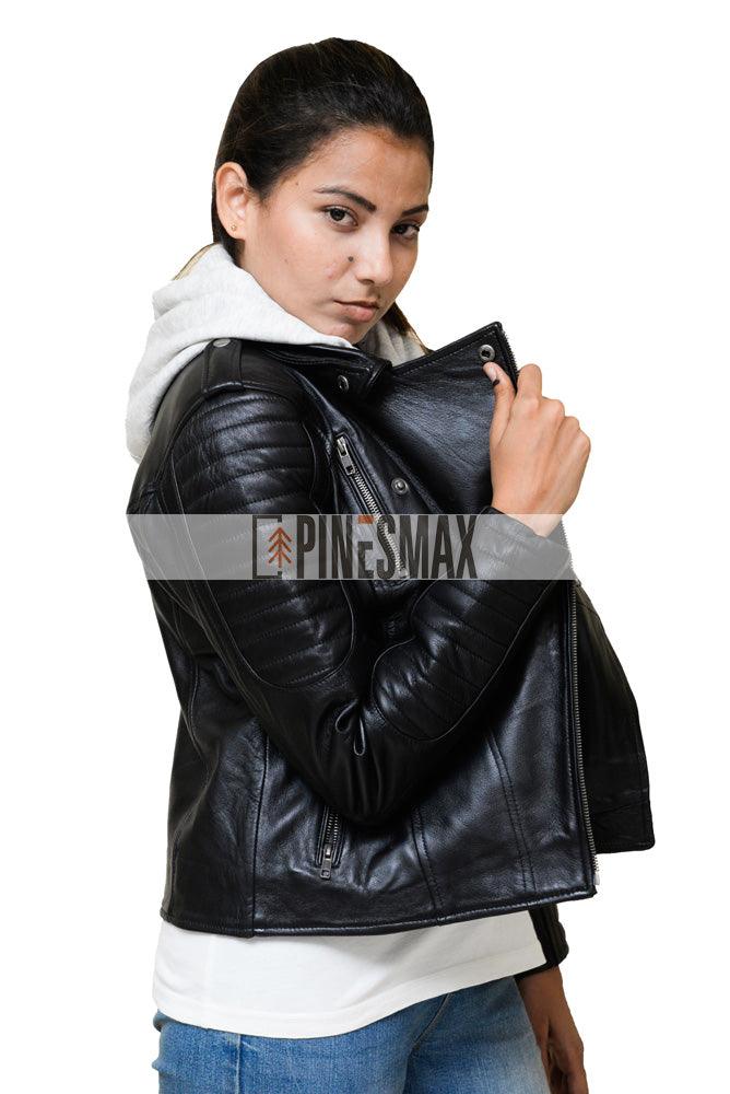Loren Womens Hooded Black Biker Quilted Leather Jacket - PINESMAX