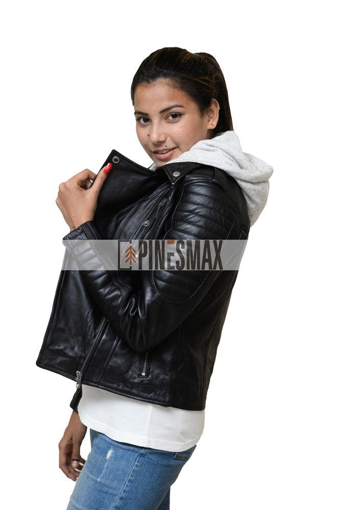 Loren Womens Hooded Black Biker Quilted Leather Jacket - PINESMAX